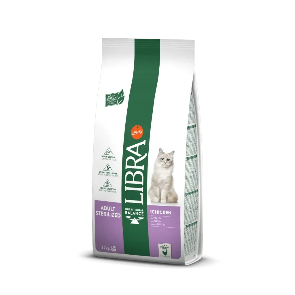 🐱Libra Adult Sterilized – Pollo | Gatos esterilizados adultos | Saco 12 kg | Fórmula control de peso