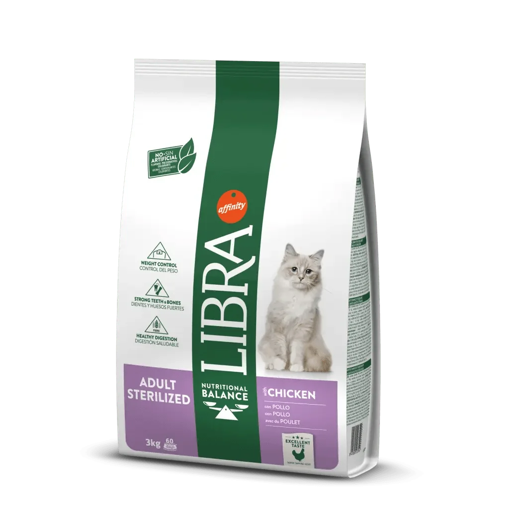 🐱Libra Adult Sterilized – Pollo | Gatos esterilizados adultos | Saco 12 kg | Fórmula control de peso