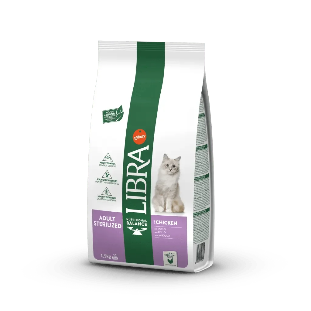 🐱Libra Adult Sterilized – Pollo | Gatos esterilizados adultos | Saco 12 kg | Fórmula control de peso
